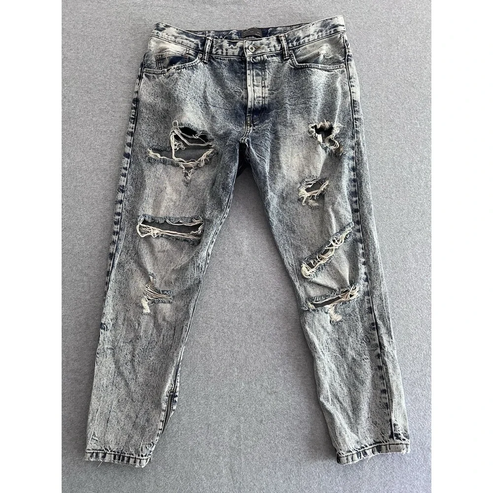 Zara Jeans Mens Size 36 White Acid Wash Distressed Raw Hem Skinny Button Fly‎
